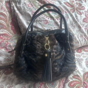 Faux Fur Black and Brown Satchel Handbag with Tassel
